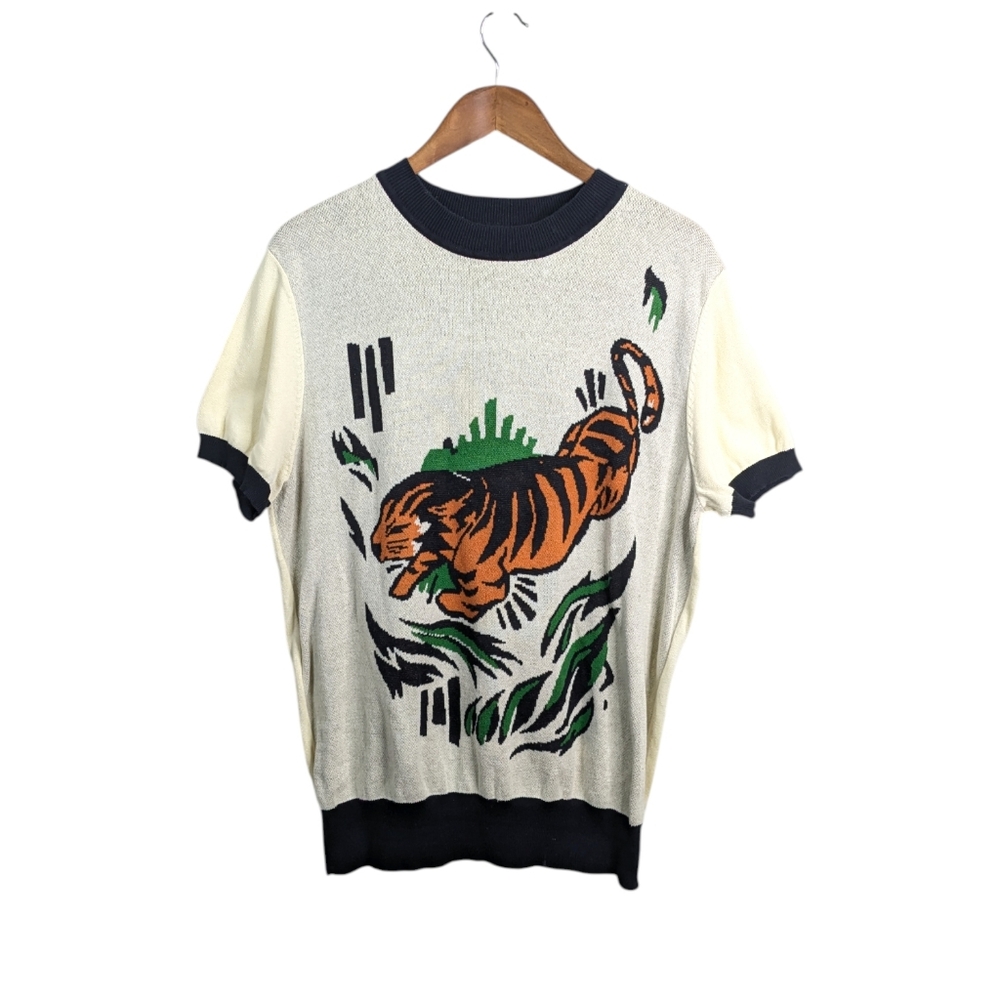 Collectif Cream Short-Sleeve Tiger Knit Sweater with Black Trim